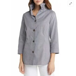 Ming Wang Check Stretch Cotton Poplin Ruffle Stand Collar Button Front Blouse XS